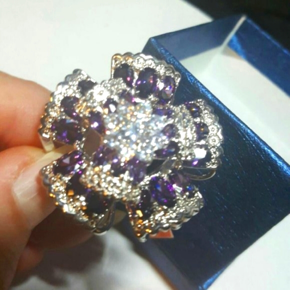 Purple & White Simulated Diamond Cocktail Ring - Picture 7 of 7